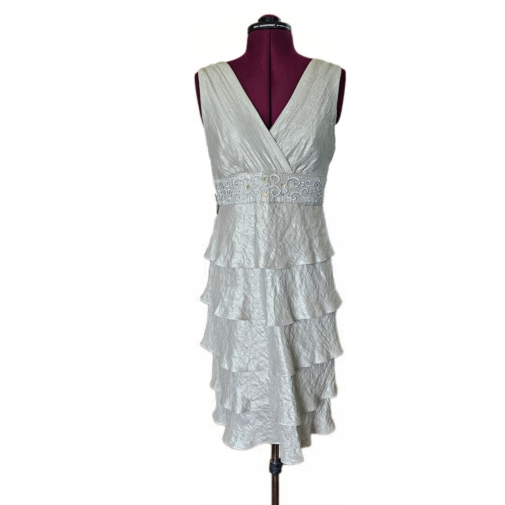 R&M Richards Iridescent Silver Jeweled Beaded Layered V Neck Cocktail Midi Dress